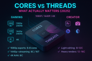 CPU cores vs threads explained for gamers (1080p/1440p/4K) and content creators in 2025