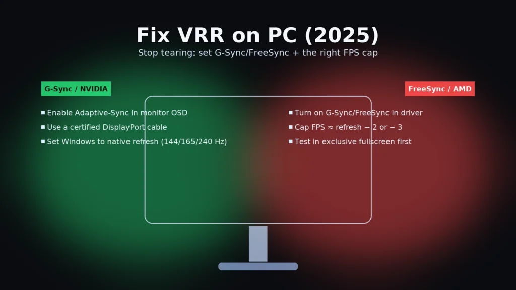 Fix VRR on PC — set G-Sync/FreeSync and correct FPS cap.