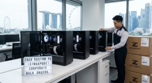 Zack Custom PC technician finalizing a bulk order of identical corporate workstation builds in a modern Singapore office.